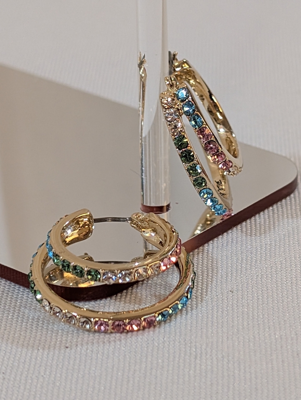Karl Lagerfeld Gold Hoop Earrings With Multicolor Rainbow Stones - Picture 7 of 10